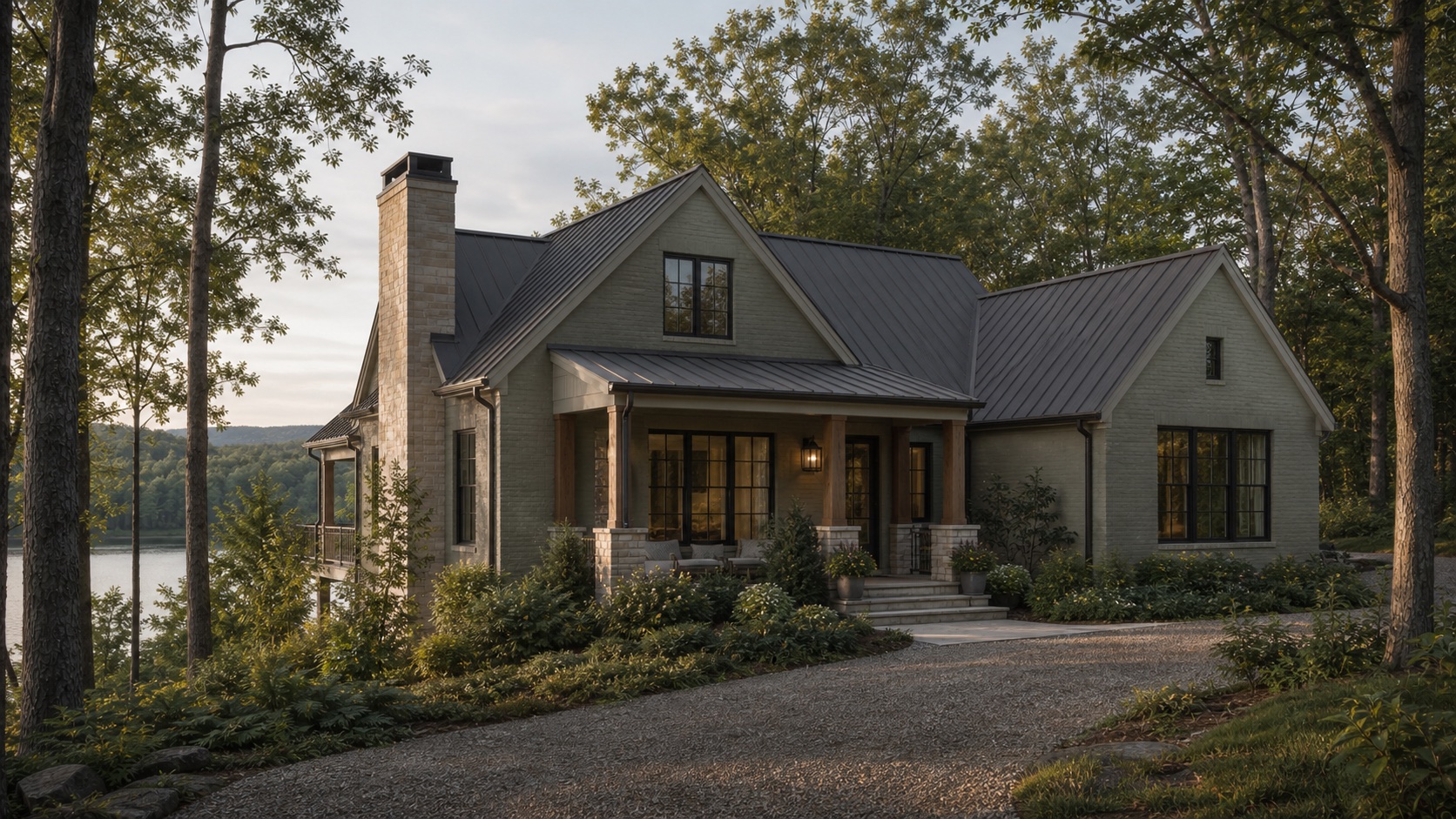 Conceptual Cotswold-inspired Cairnwood home with warm stone, charcoal roof, and wooded landscaping
