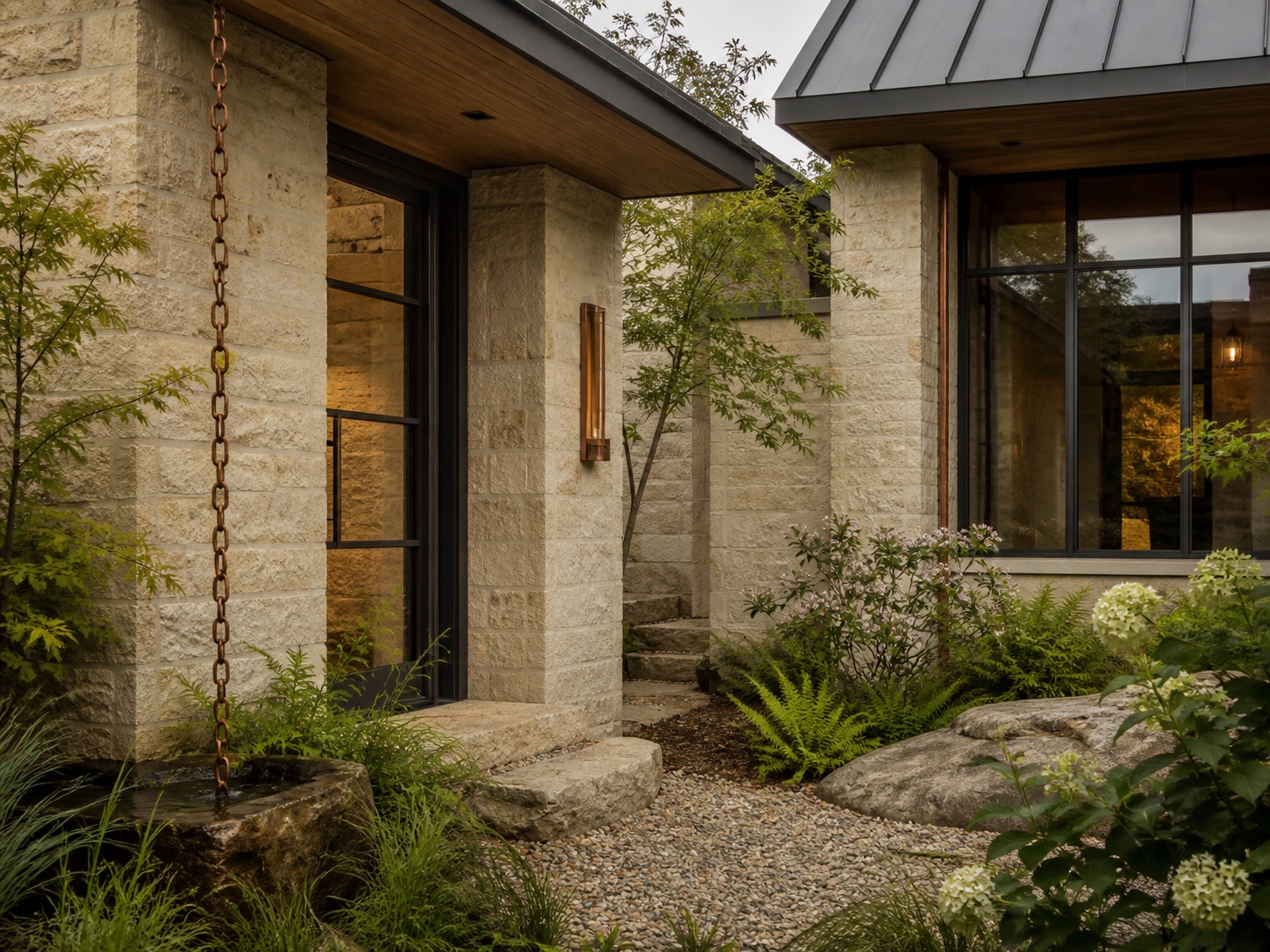 Conceptual material study with warm limestone, charcoal metal, natural wood, and native planting