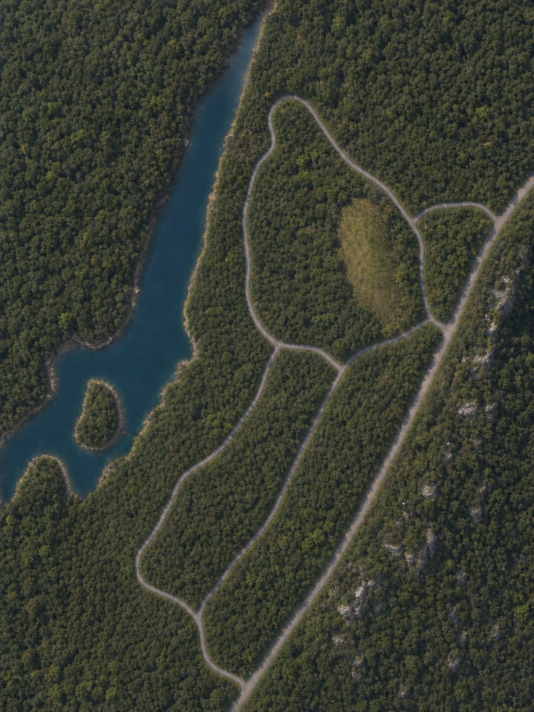 Conceptual terrain illustration of Cairnwood beside the lake
