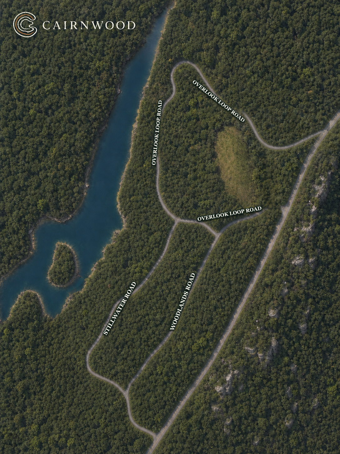 Conceptual terrain illustration showing the current Cairnwood road-name framework
