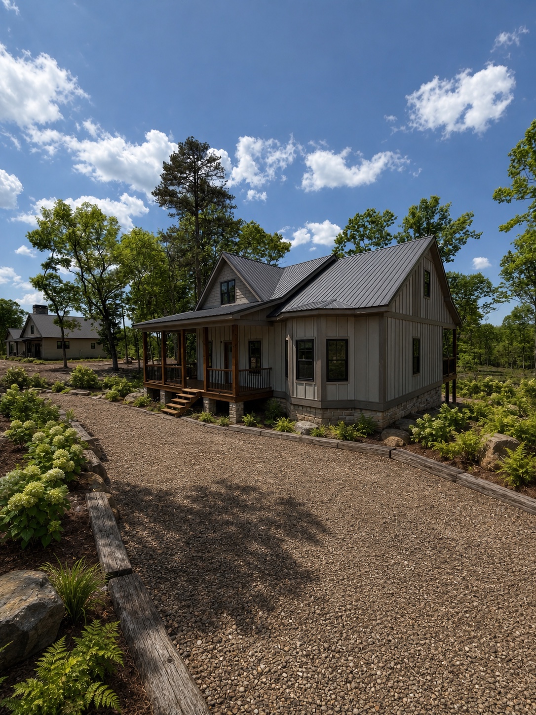 Conceptual front view of the Hillside mountain cottage in a wooded landscape