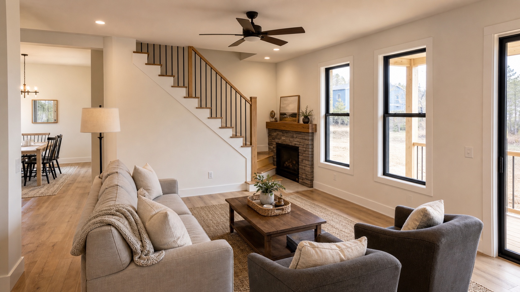 Conceptual warm neutral great room with wood, stone, black metal, and mountain-inspired finishes