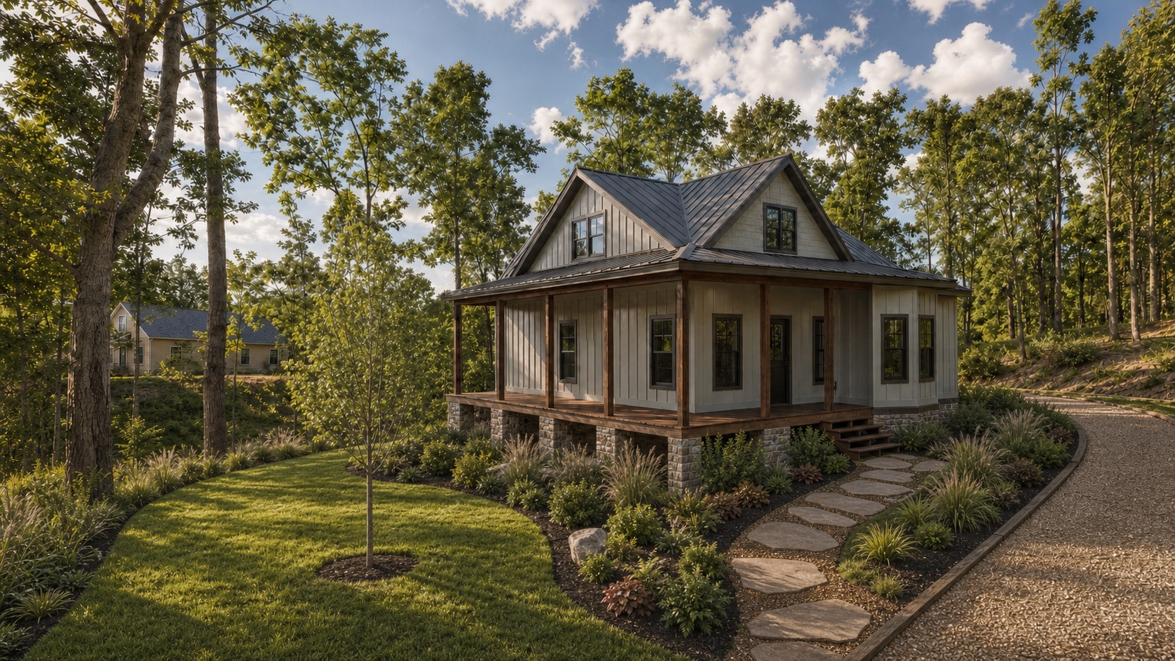 Conceptual Hillside mountain cottage with a sheltered porch, warm gray siding, dark metal roof, wood posts, stone foundation, and woodland landscaping