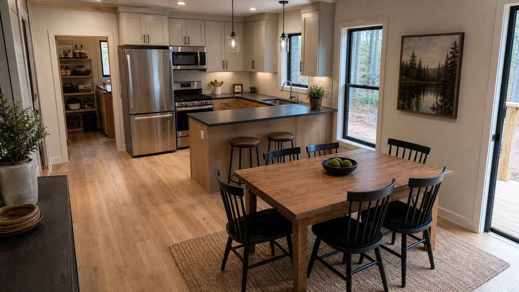 Conceptual kitchen and dining room with natural wood and warm neutral finishes