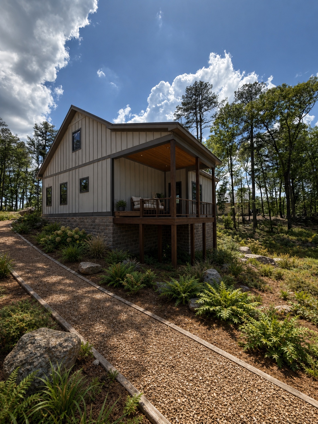 Conceptual rear view of the Hillside mountain cottage and covered porch