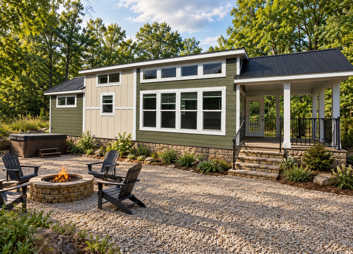 Photo-based concept study preserving the green and cream Coldwater tiny home and adding a Cairnwood stone foundation, native landscaping, gravel court, firepit, and hot tub