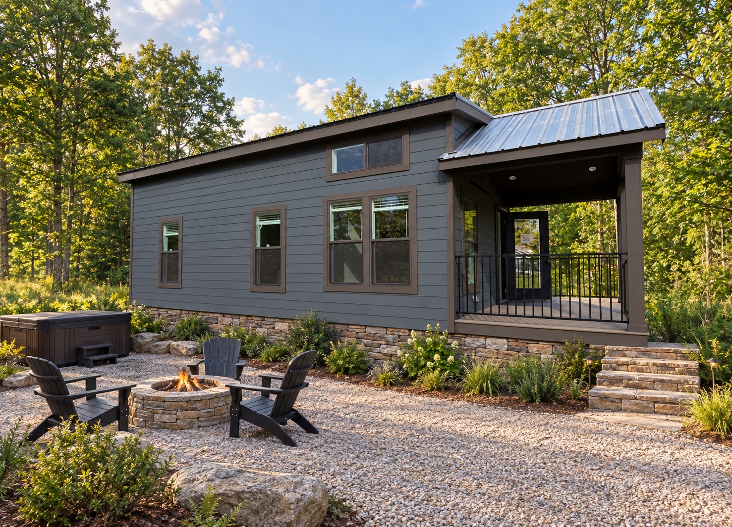 Photo-based concept study preserving the charcoal Custom Cumberland tiny home and adding a Cairnwood stone foundation, native landscaping, gravel court, firepit, and hot tub