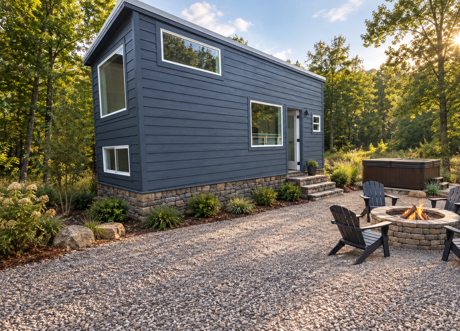 Photo-based concept study preserving the compact gray-blue Nook tiny home and adding a Cairnwood stone foundation, native landscaping, gravel court, firepit, and hot tub