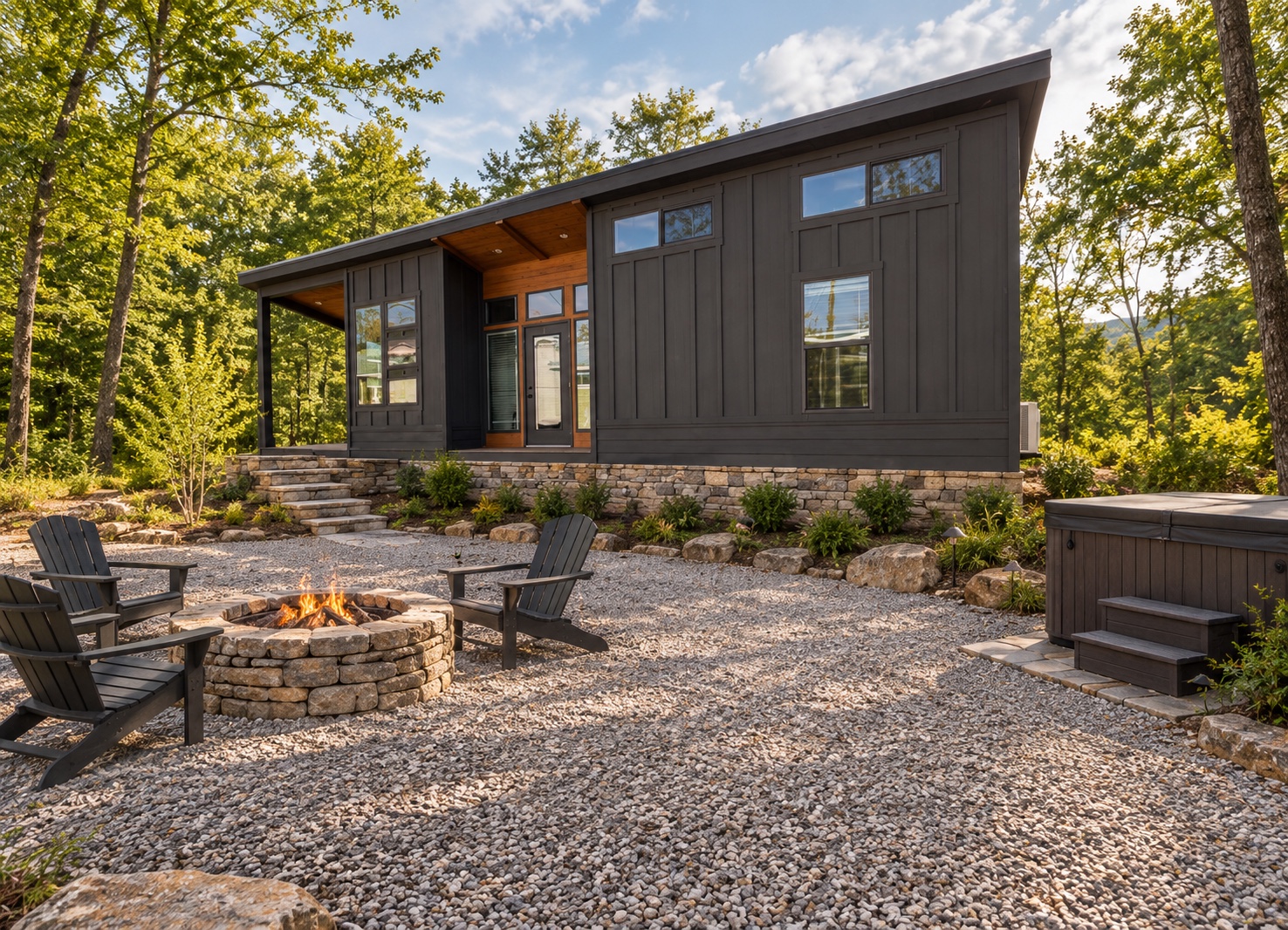 Photo-based concept study preserving the dark Skyway tiny home with cedar entry and adding a Cairnwood stone foundation, native landscaping, gravel court, firepit, and hot tub