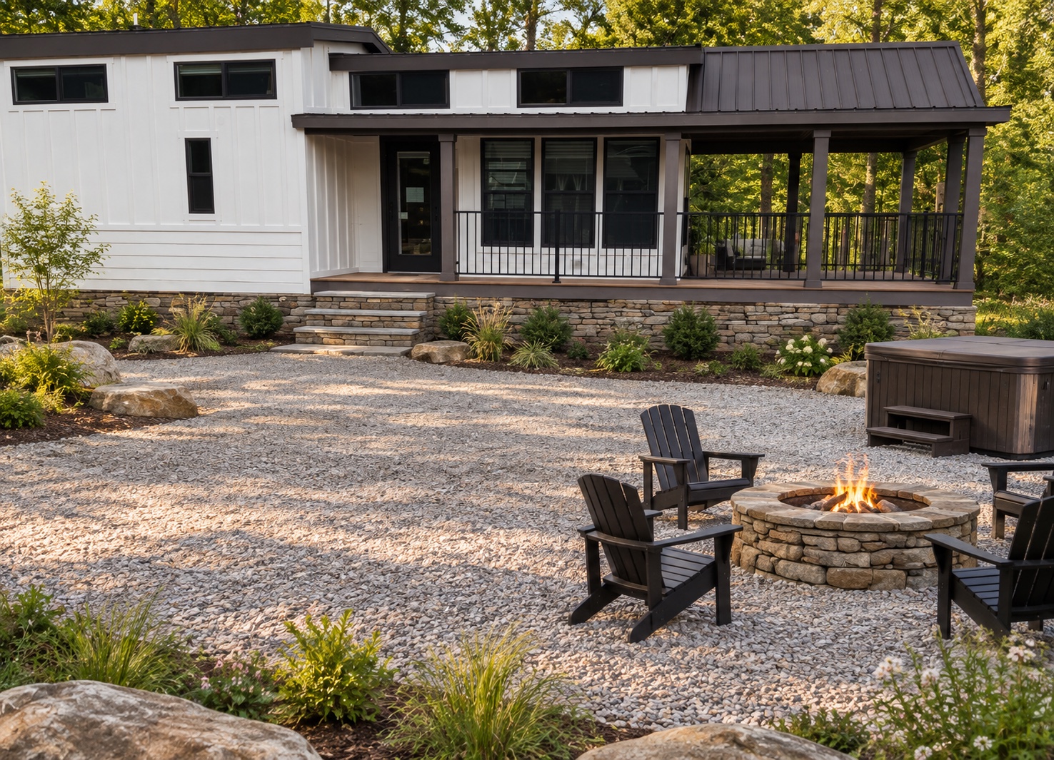 Photo-based concept study preserving the white Wheeler tiny home and adding a Cairnwood stone foundation, native landscaping, gravel court, firepit, and hot tub